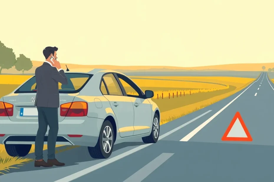 Žlté odťahové vozidlo nakladá nepojazdné osobné auto na ložnú plochu po poruche na ceste