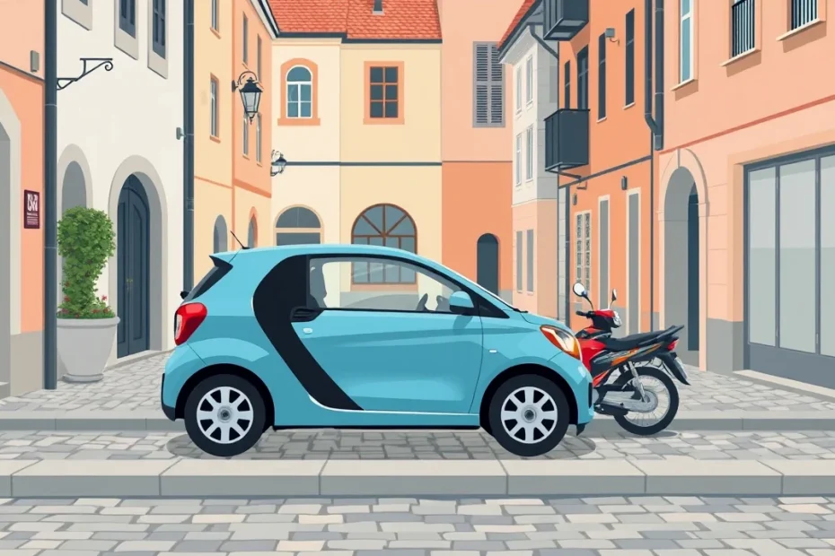 Mestský automobil Fiat zaparkovaný pri ceste s platným označením