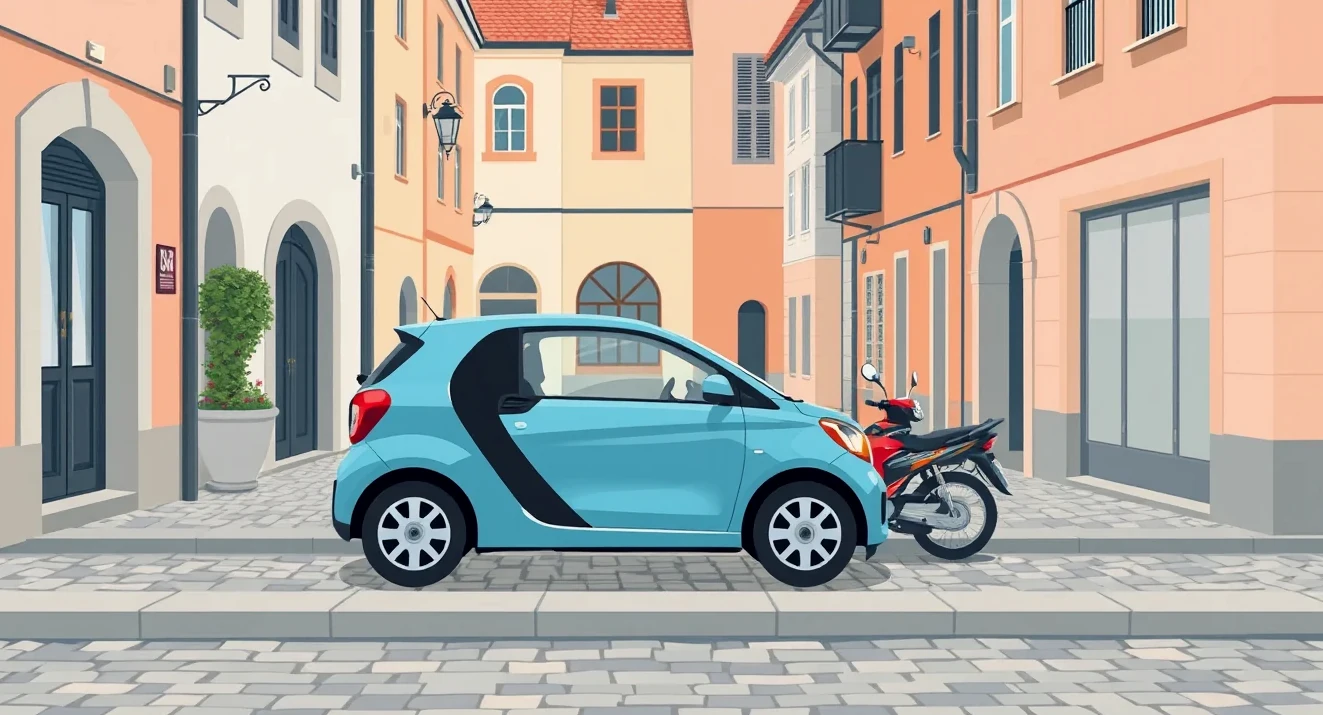 Mestský automobil Fiat zaparkovaný pri ceste s platným označením