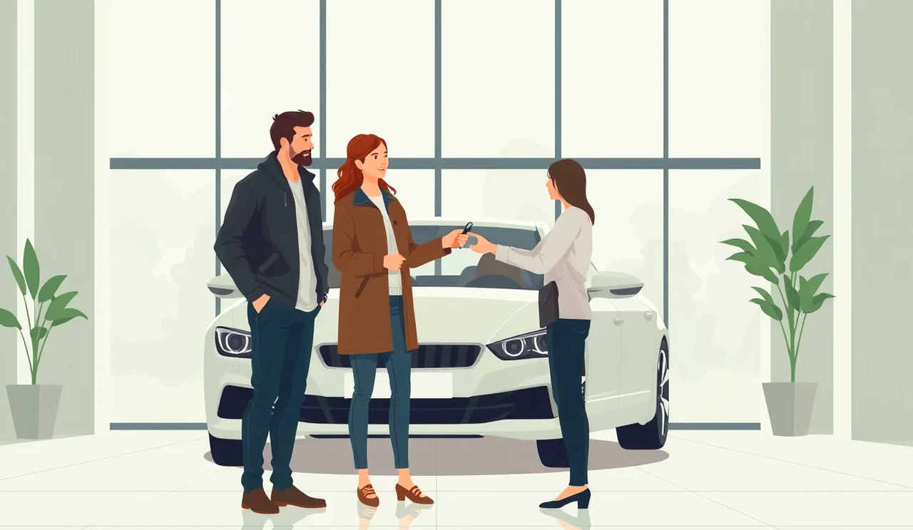Pohľad na nový automobil zaparkovaný pred autosalónom pripravený na odovzdanie majiteľovi