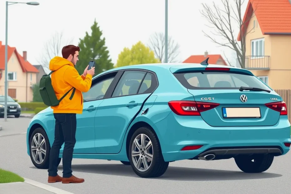 Vodič vypĺňa záznam o dopravnej nehode pri poškodenom automobile