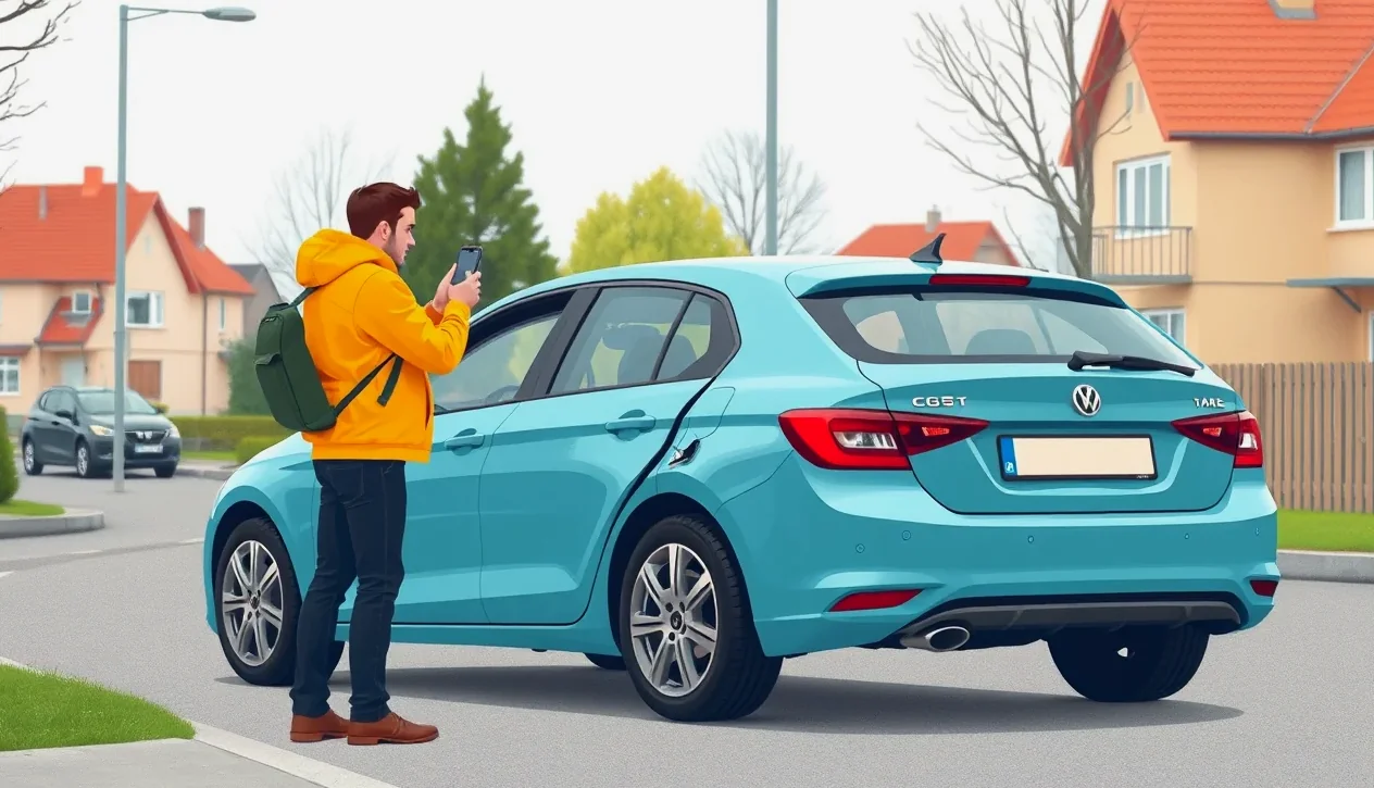 Vodič vypĺňa záznam o dopravnej nehode pri poškodenom automobile