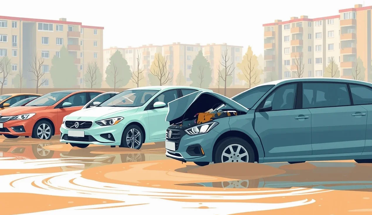 Pohľad na motorový priestor osobného auta poškodený nasatím vody a blata