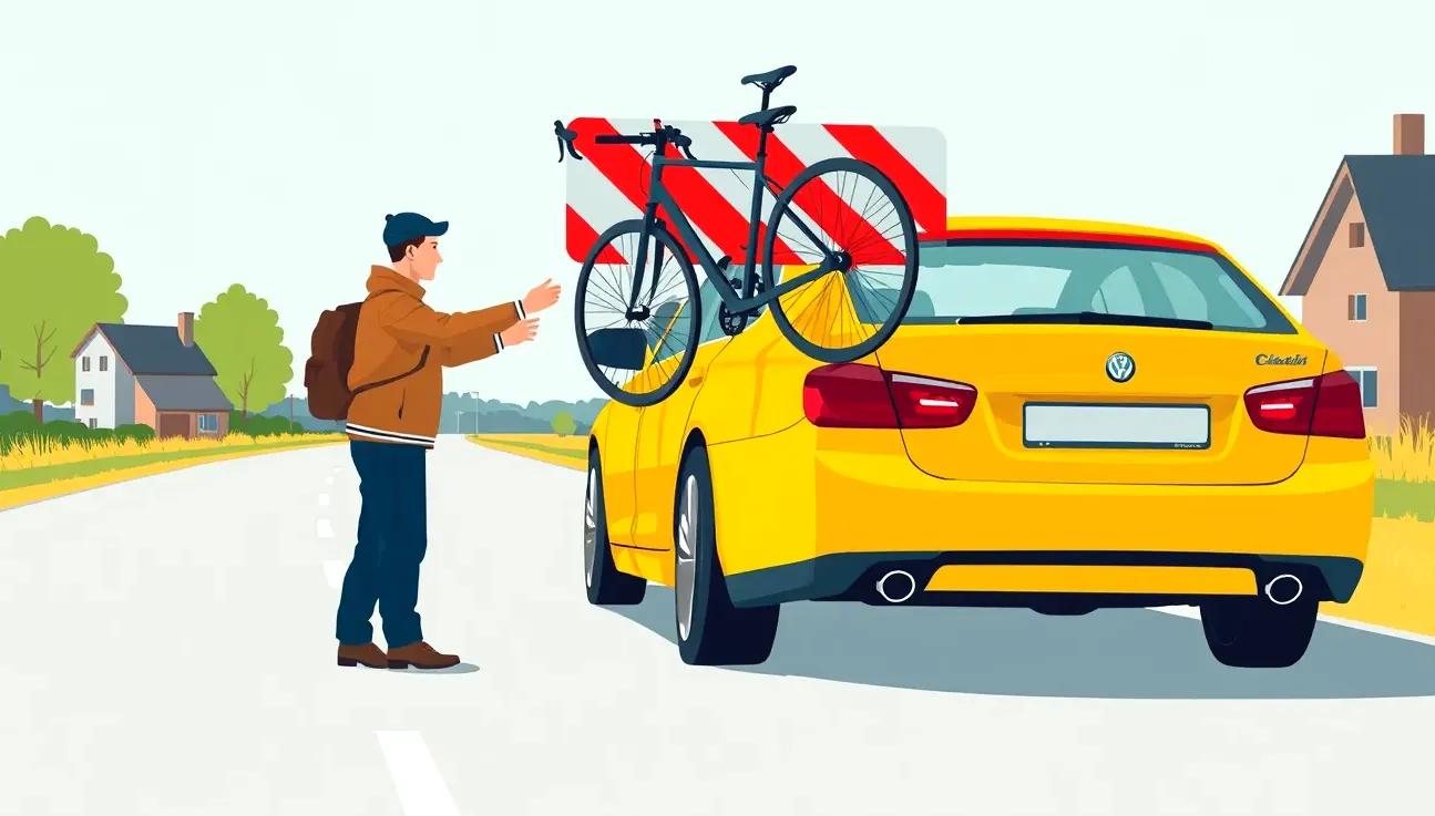 Poškodený bicykel na streche auta po náraze do nízkeho podjazdu