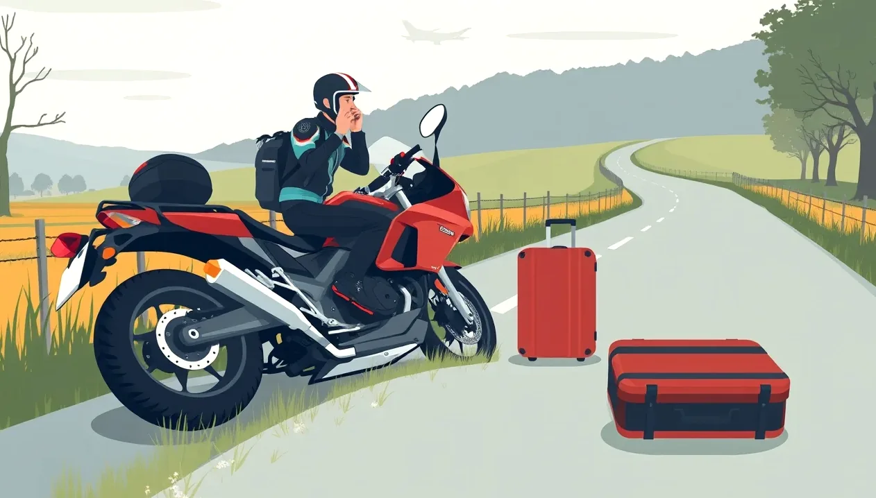 Pohľad na prístrojovú dosku motocykla a kľukatú asfaltovú cestu pred ním
