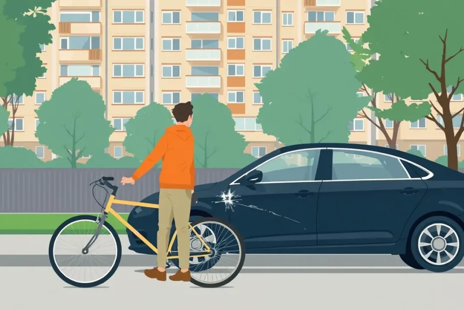 Poškodený blatník a dvere firemného dodávkového vozidla po zrážke s bicyklom