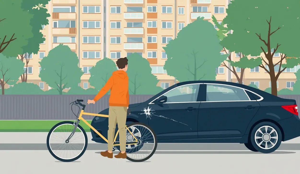 Poškodený blatník a dvere firemného dodávkového vozidla po zrážke s bicyklom
