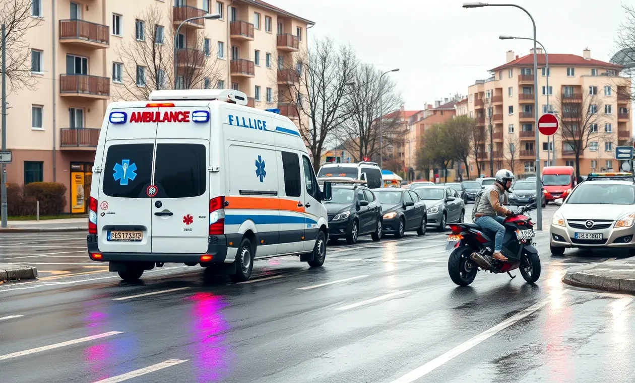 Príslušník dopravnej polície vyšetruje stopu a dokumentuje zrážku úžitkového vozidla a sanitky
