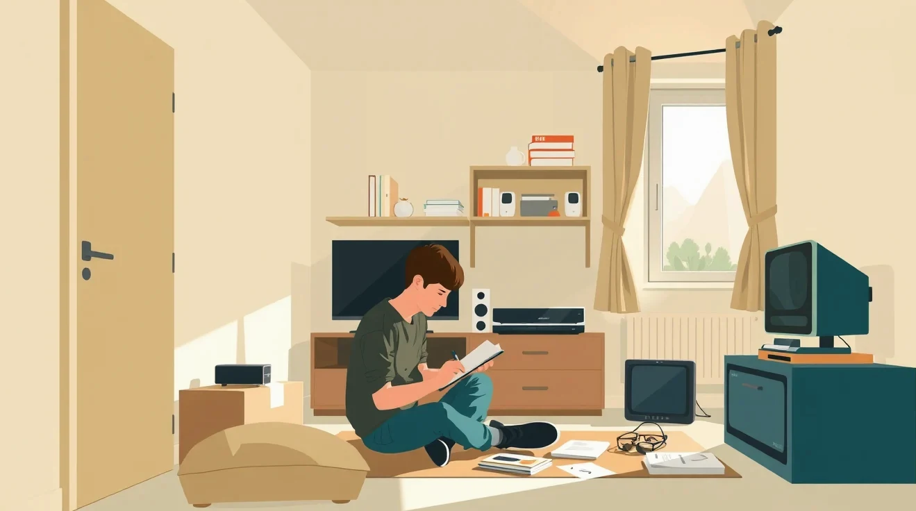 Mladý človek pracujúci na firemnom notebooku pri stole v prenajatom byte