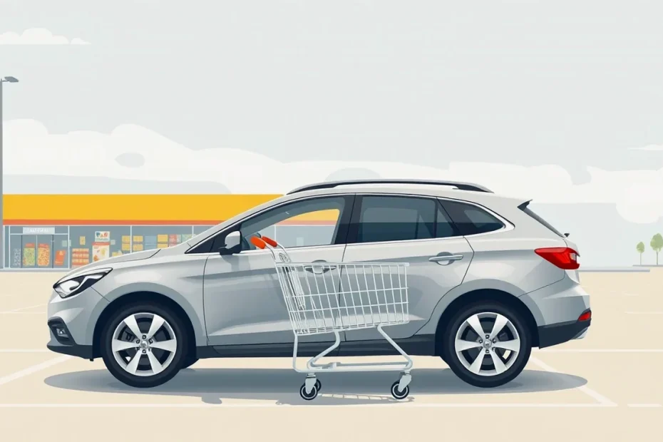 Vodič skúma preliačené dvere poškodeného auta na parkovisku pred supermarketom