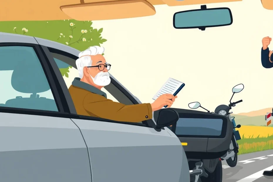 Starší vodič kontroluje dokumenty od auta a poistnú zmluvu pri stole