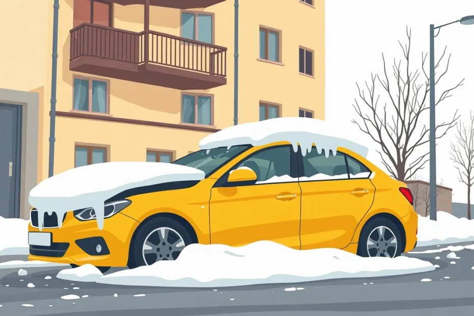 Zasnežené osobné auto zaparkované na okraji mestskej ulice počas tuhej zimy