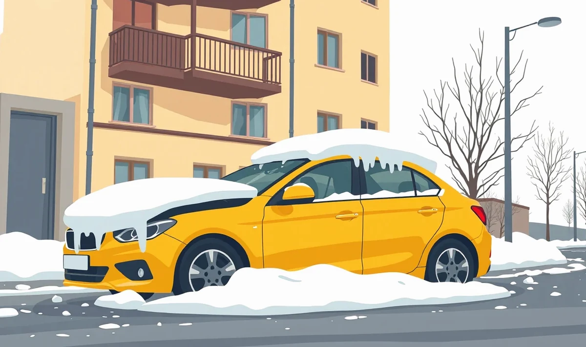 Zasnežené osobné auto zaparkované na okraji mestskej ulice počas tuhej zimy