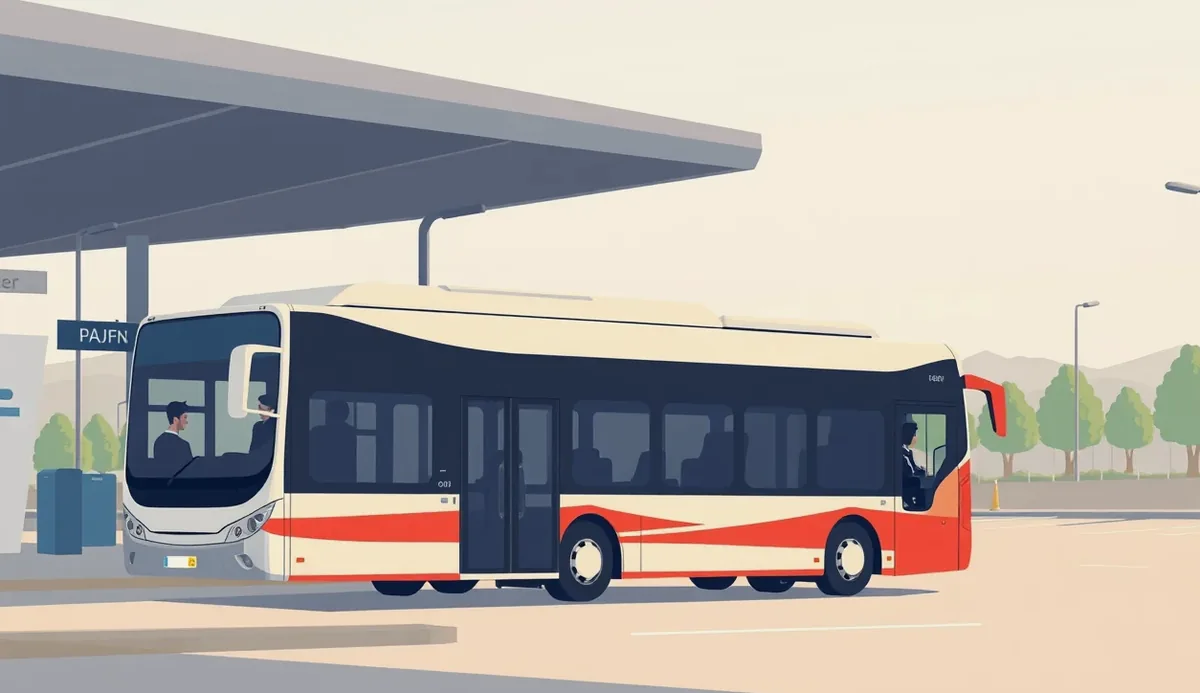 Moderný zájazdový autobus zaparkovaný na termináli pred odchodom na trasu