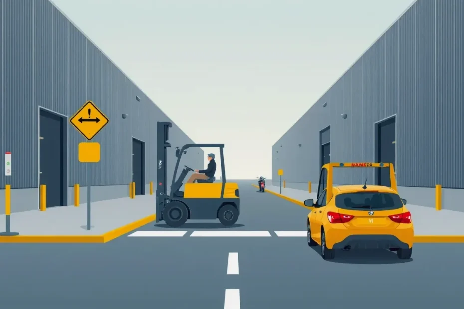 Vysokozdvižný vozík vybavený prednými svetlometmi pri prejazde cez bránu logistického centra