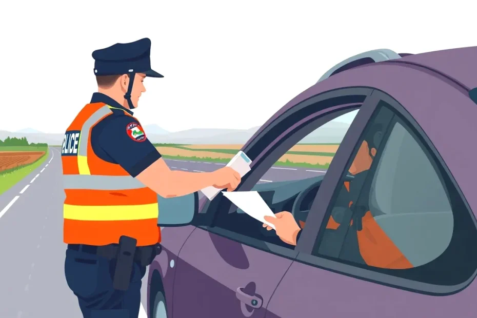 Dopravný policajt kontroluje doklady vodiča pri cestnej kontrole po nehode