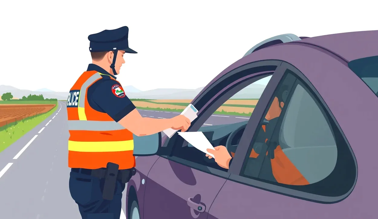 Dopravný policajt kontroluje doklady vodiča pri cestnej kontrole po nehode