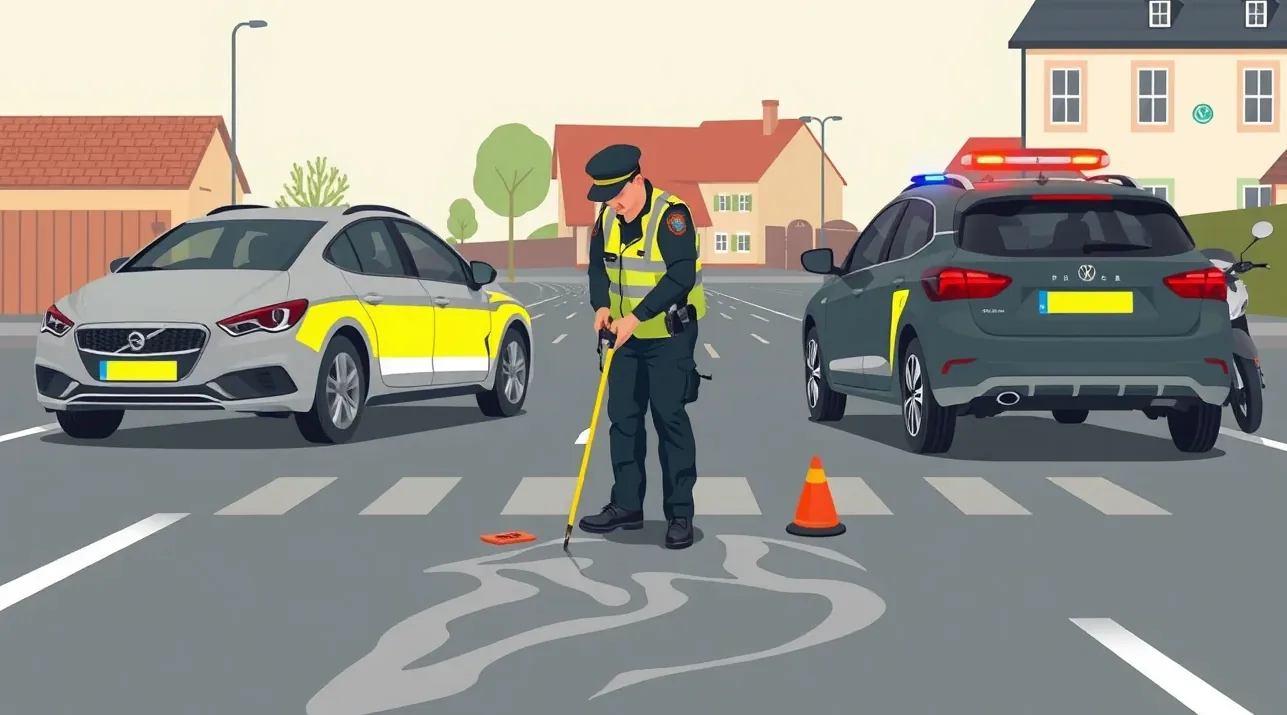Policajné vozidlo a meranie brzdnej dráhy po dopravnej kolízii