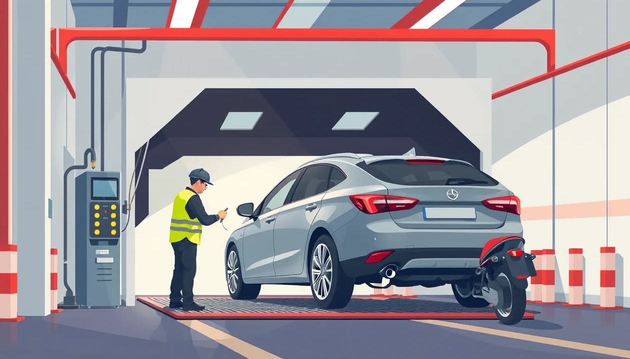 Technik na stanici technickej kontroly kontroluje brzdový systém úžitkového vozidla