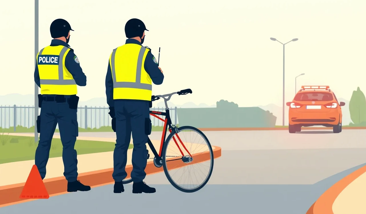 Zdravotníci ošetrujú zraneného cyklistu vedľa poškodeného bicykla na ceste